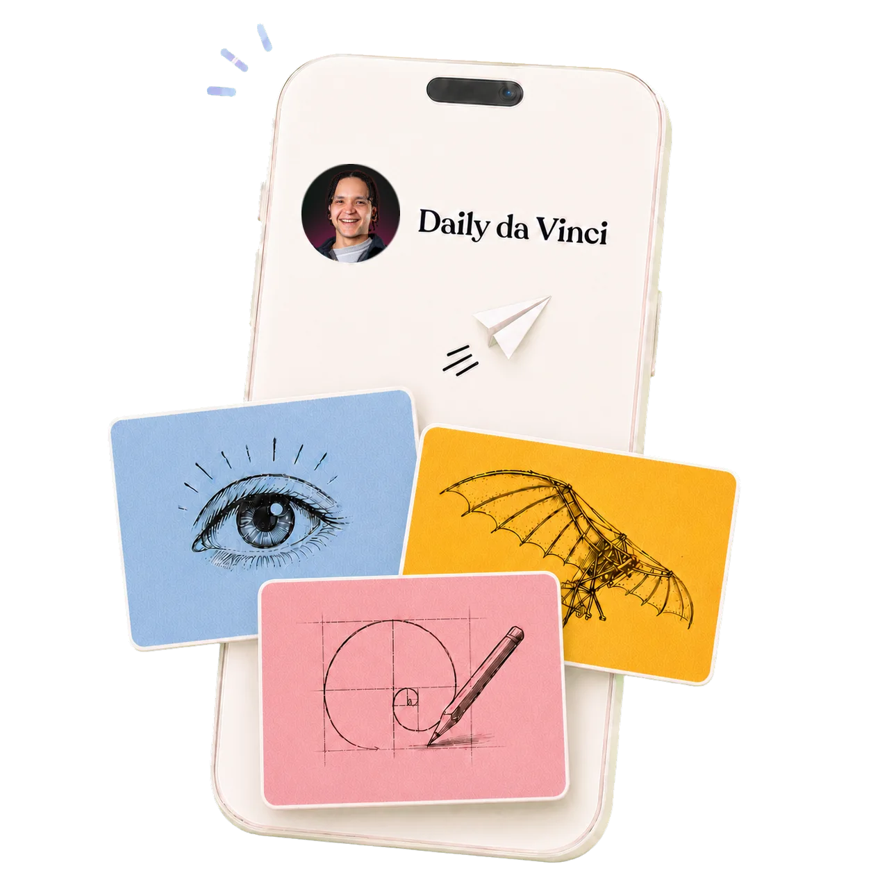 Dan Herring and the Daily da Vinci title on a futuristic phone with three illustrated insight cards