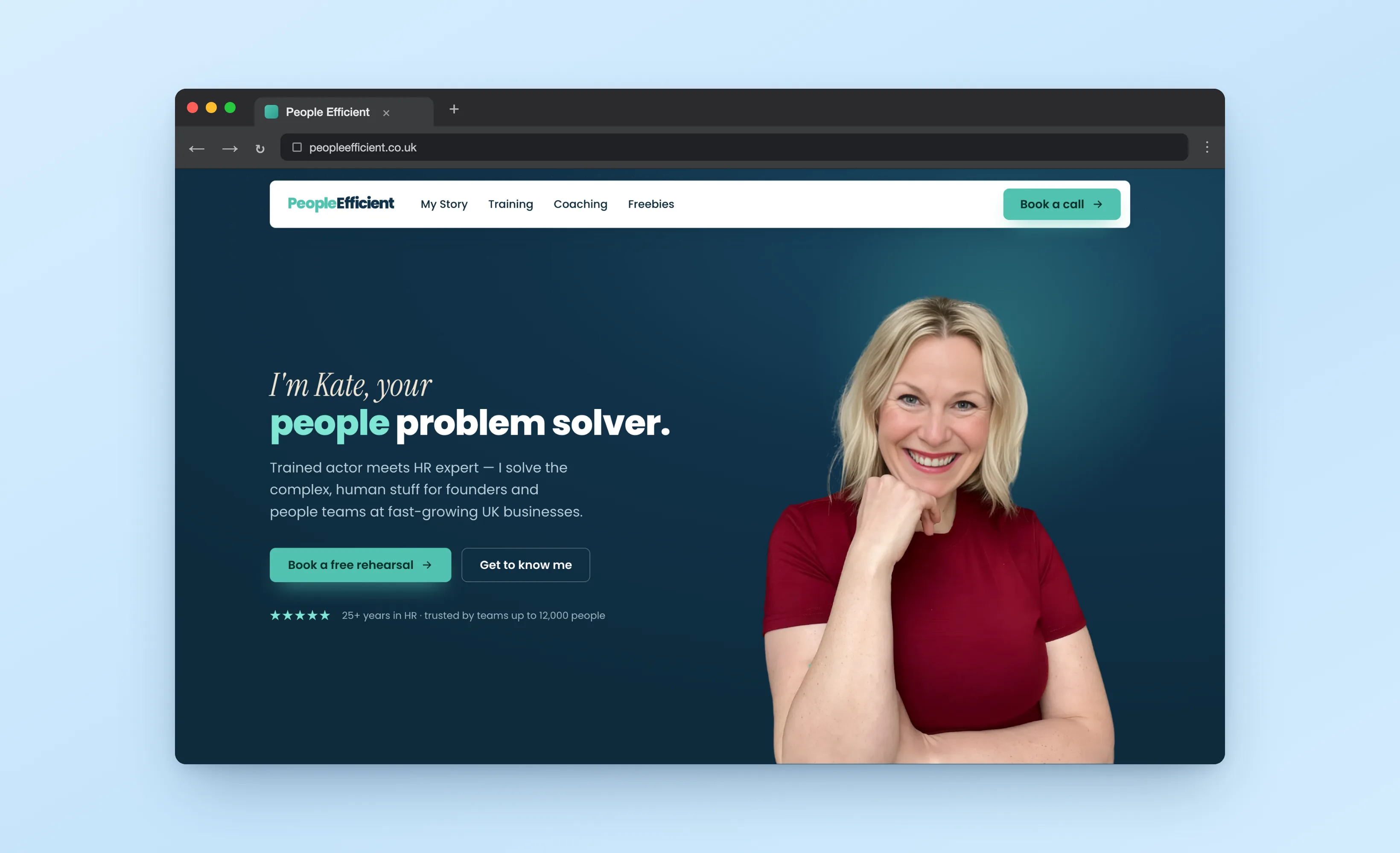 People Efficient homepage — Kate smiling next to the headline “I’m Kate, your people problem solver”